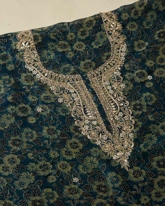 Indigo Maheshwari Ajrak Kurta Set with Dori & Pearl Work