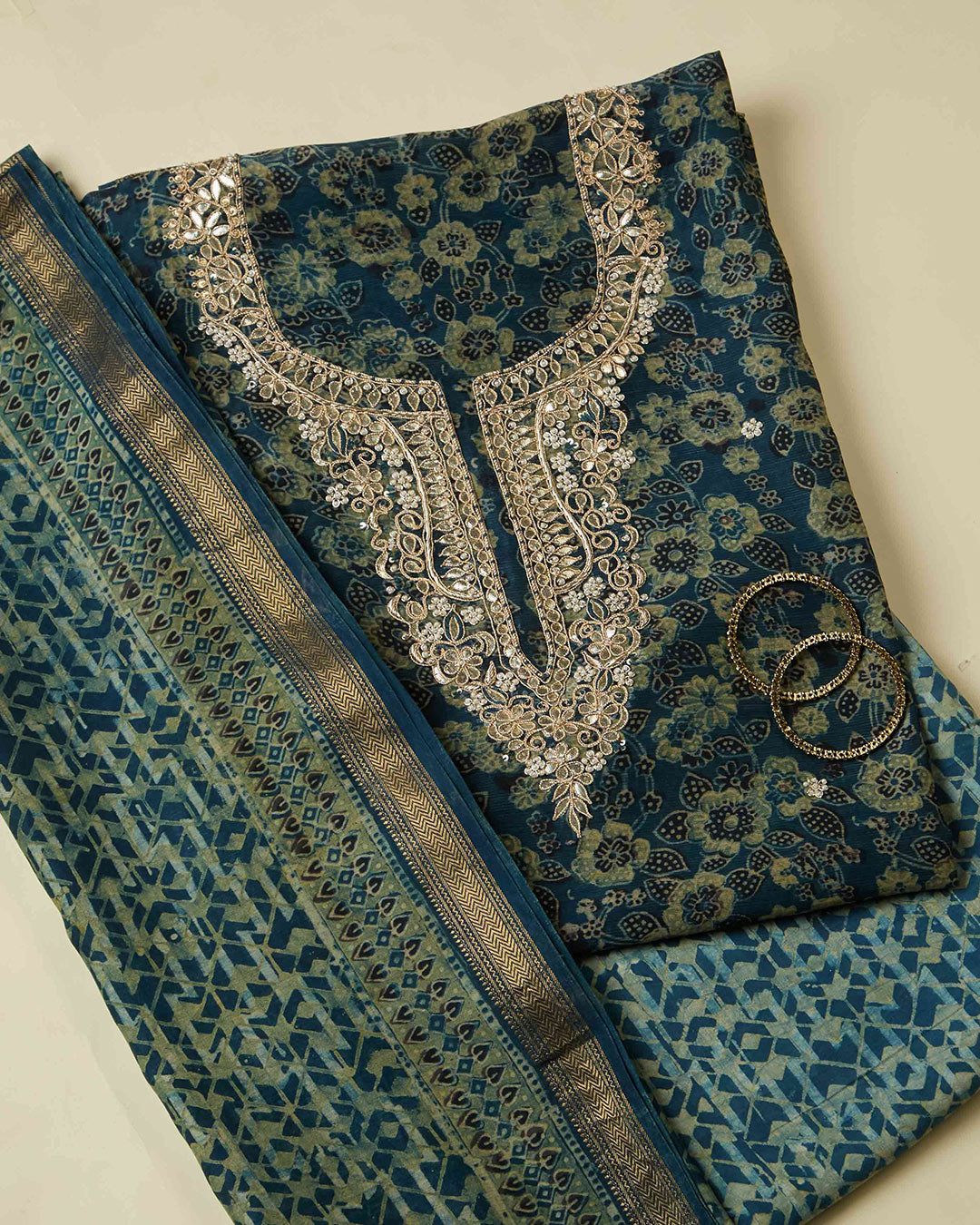 Indigo Maheshwari Ajrak Kurta Set with Dori & Pearl Work