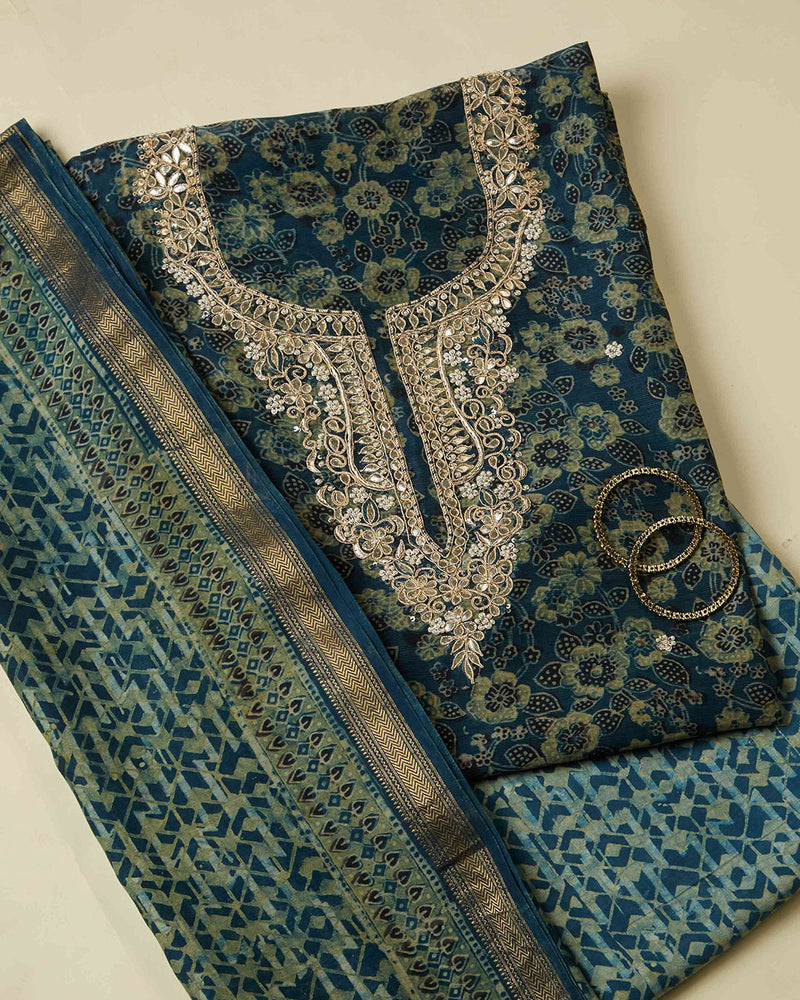 Indigo Maheshwari Ajrak Kurta Set with Dori & Pearl Work