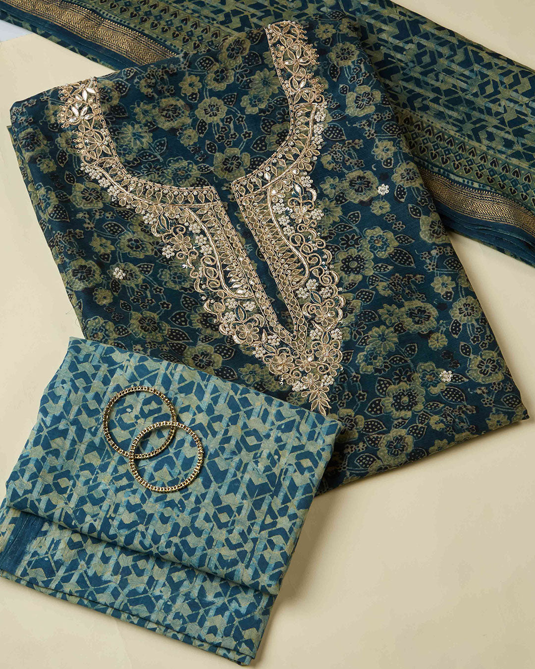 Indigo Maheshwari Ajrak Kurta Set with Dori & Pearl Work