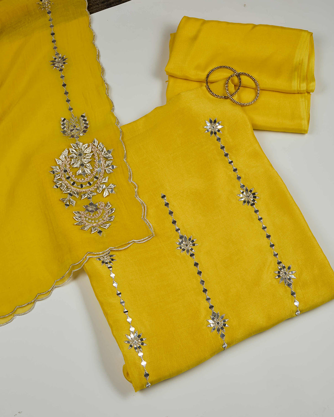 Bright Yellow Art Dupion Kurta Set with Aabla & Gota Work