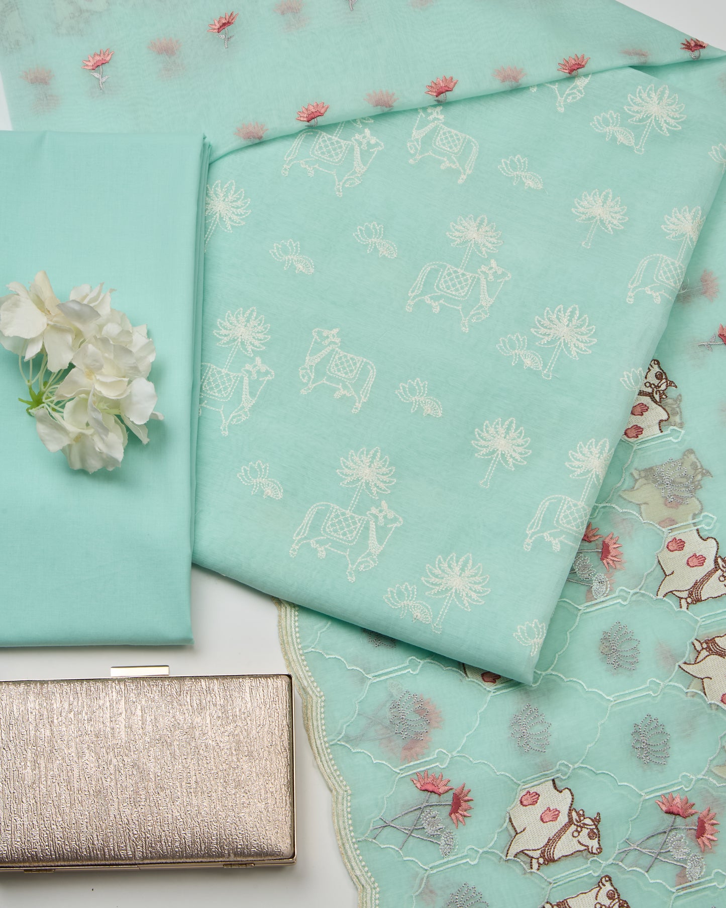 Mint Pichwai Embroidered Chanderi Kurta Set with Dupatta