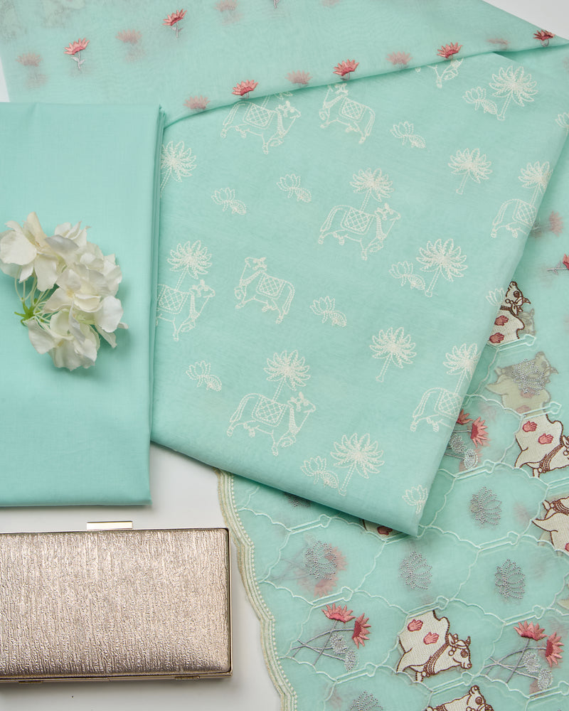 Mint Pichwai Embroidered Chanderi Kurta Set with Dupatta