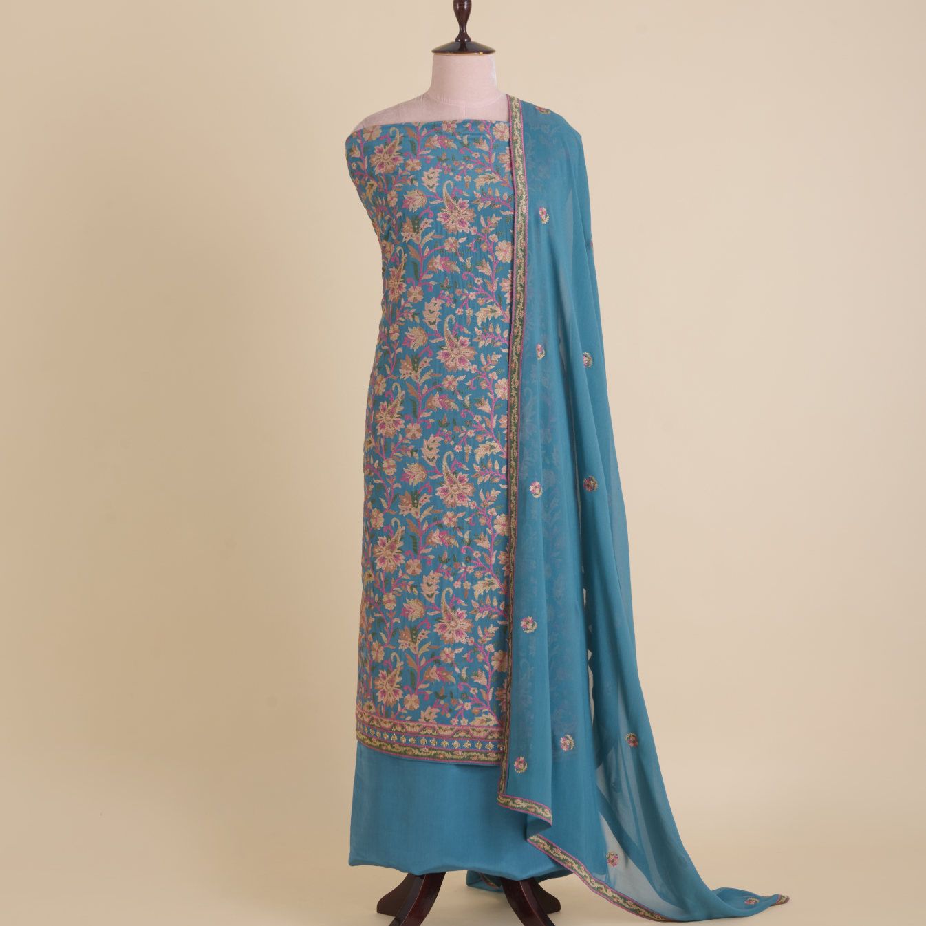 Bluish Grey Viscose Crepe Cross Stitch Embroidered Kurta Set