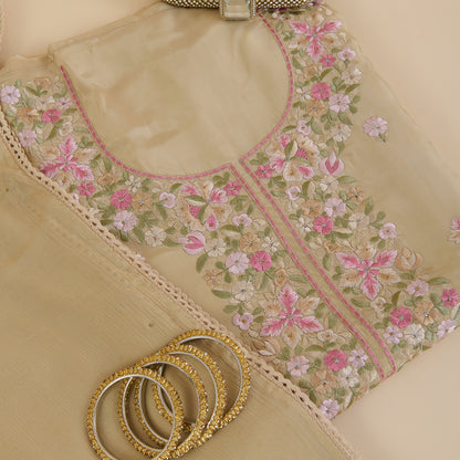 Beige Viscose Crepe Thread Embroidered Kurta with Stone Highlight