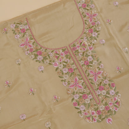Beige Viscose Crepe Thread Embroidered Kurta with Stone Highlight