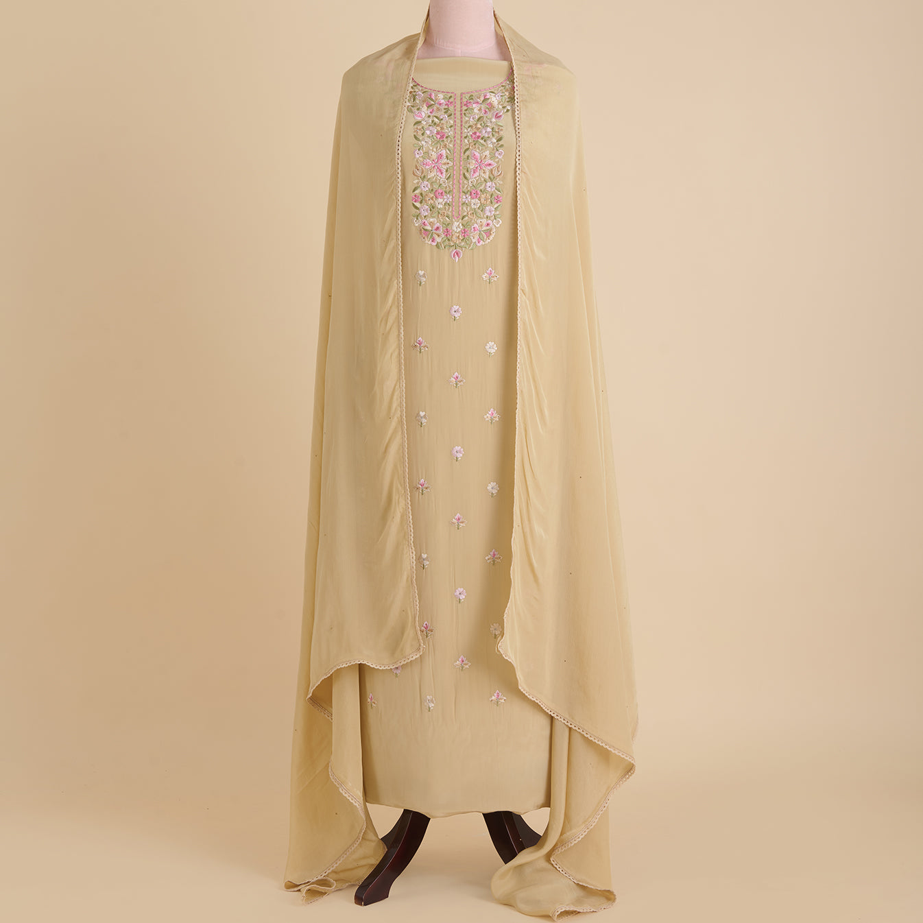 Beige Viscose Crepe Thread Embroidered Kurta with Stone Highlight