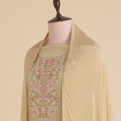 Beige Viscose Crepe Thread Embroidered Kurta with Stone Highlight