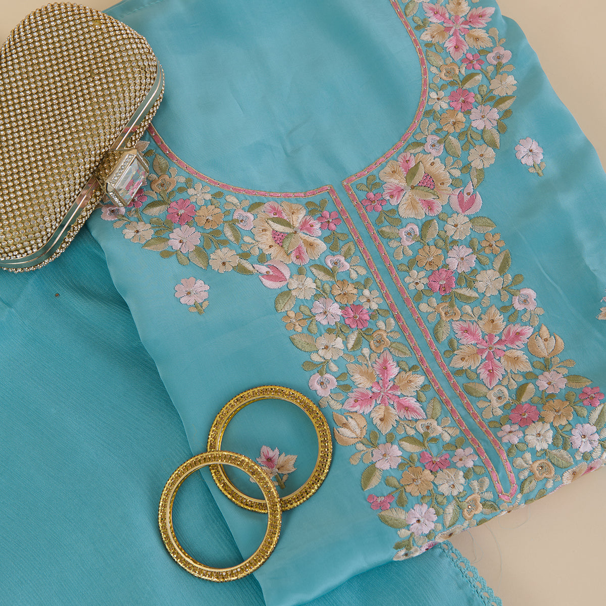 Bluish Grey Viscose Crepe Thread Embroidered Kurta with Chinnon Dupatta