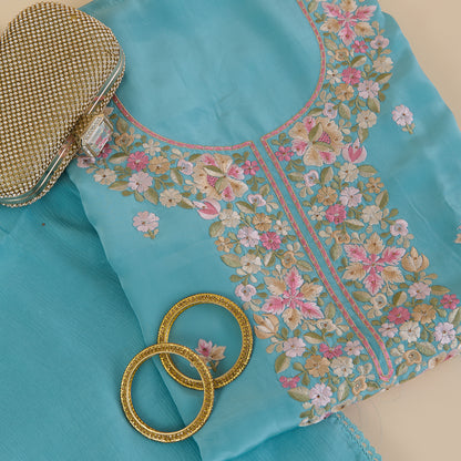 Bluish Grey Viscose Crepe Thread Embroidered Kurta with Chinnon Dupatta