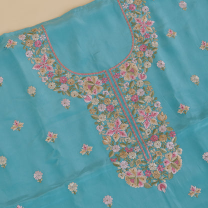 Bluish Grey Viscose Crepe Thread Embroidered Kurta with Chinnon Dupatta