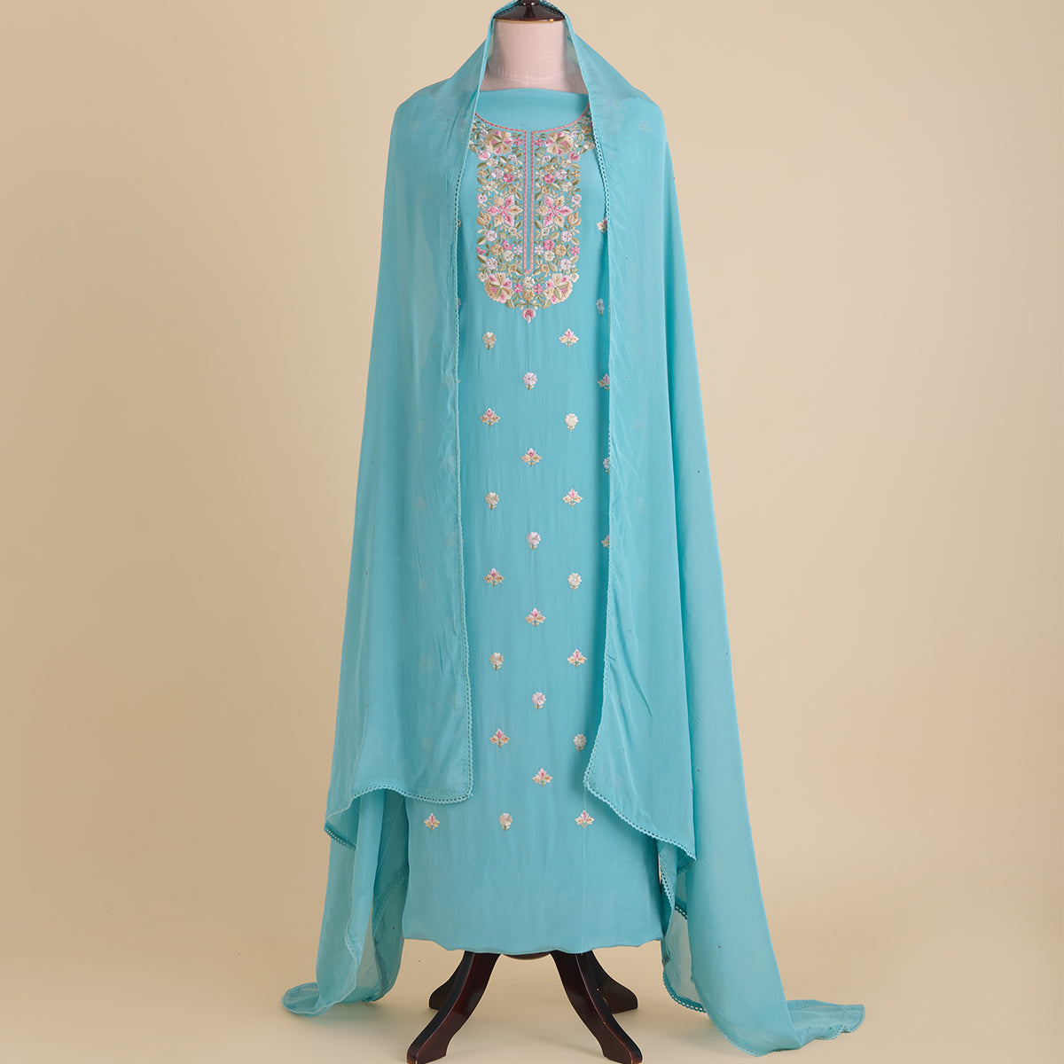 Bluish Grey Viscose Crepe Thread Embroidered Kurta with Chinnon Dupatta