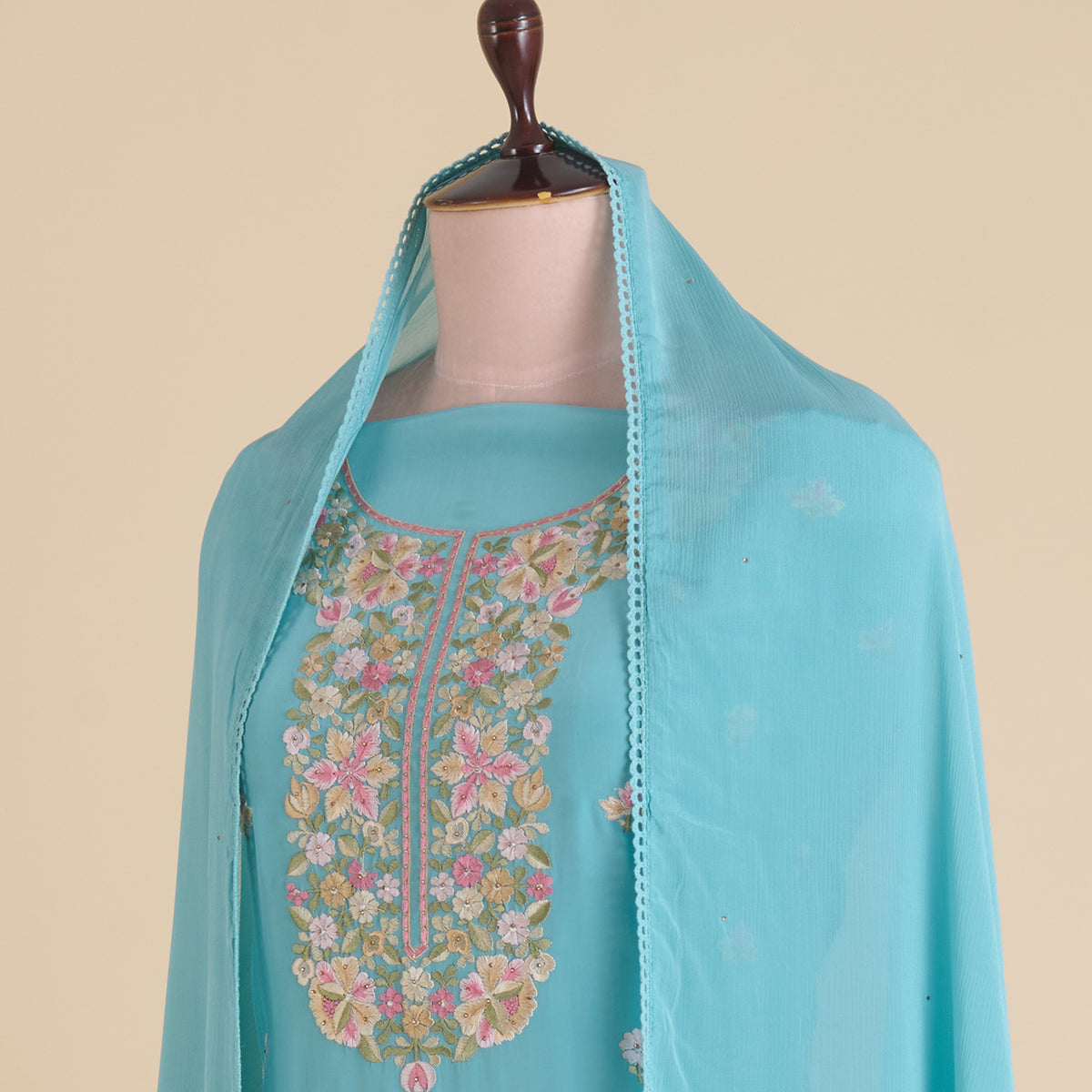 Bluish Grey Viscose Crepe Thread Embroidered Kurta with Chinnon Dupatta