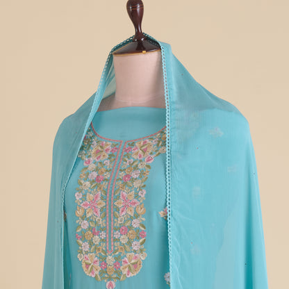 Bluish Grey Viscose Crepe Thread Embroidered Kurta with Chinnon Dupatta