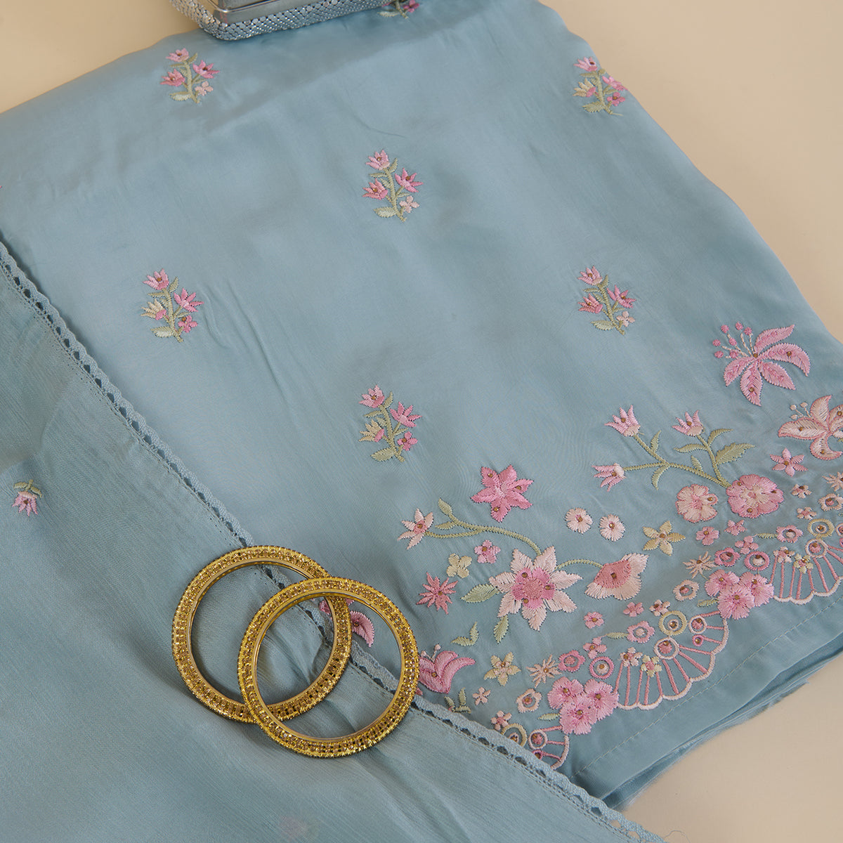 Bluish Grey Viscose Crepe Thread Embroidered Kurta Set