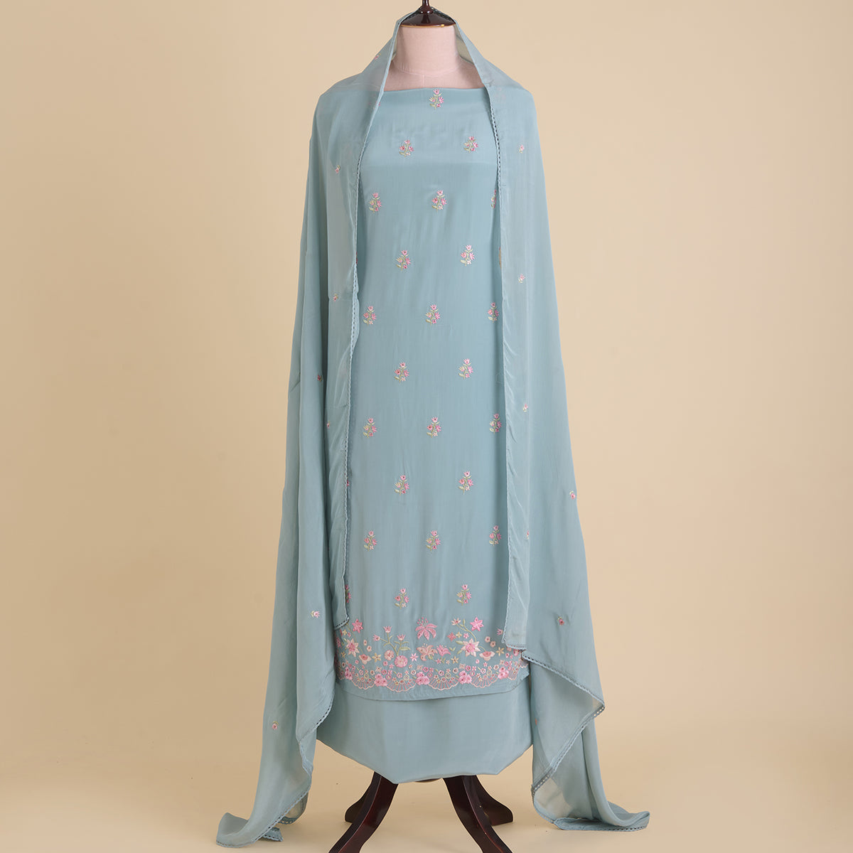 Bluish Grey Viscose Crepe Thread Embroidered Kurta Set