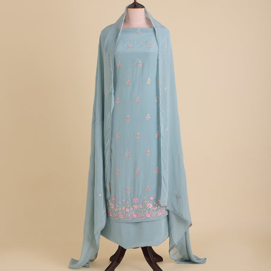Bluish Grey Viscose Crepe Thread Embroidered Kurta Set