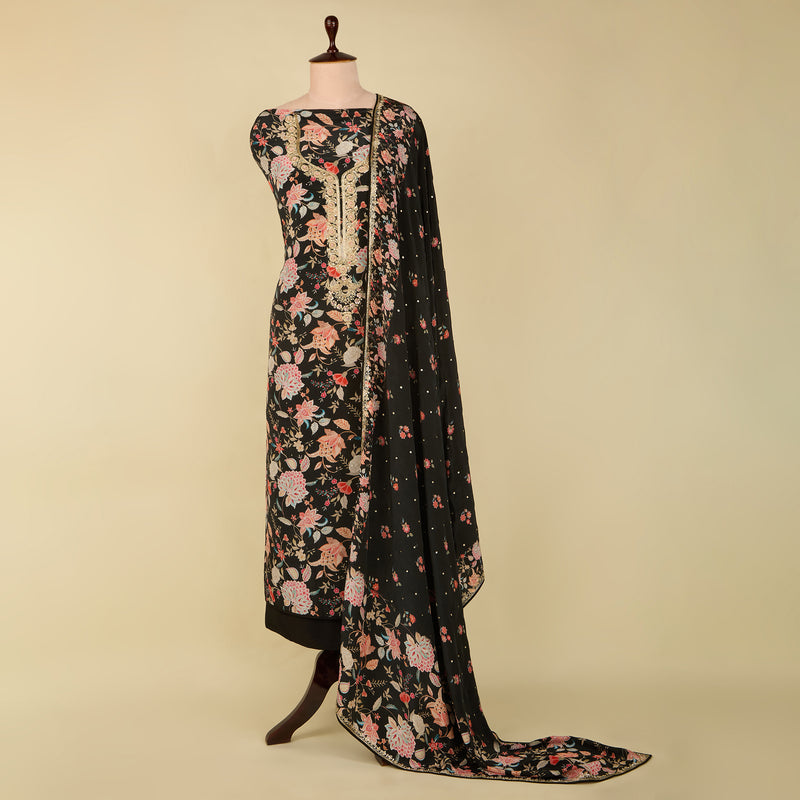Black Viscose Crepe Embroidered Suit with Dupatta 