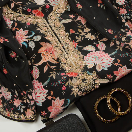 Black Viscose Crepe Embroidered Suit with Dupatta 