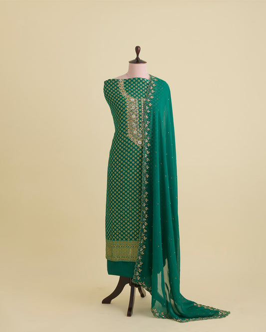 Bottle Green Viscose Georgette Kurta Set with Zardosi & Mirror Embroidery