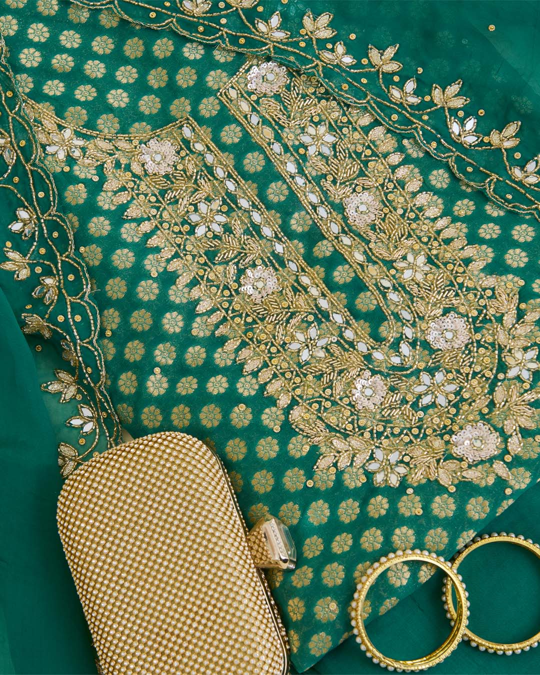 Bottle Green Viscose Georgette Kurta Set with Zardosi & Mirror Embroidery