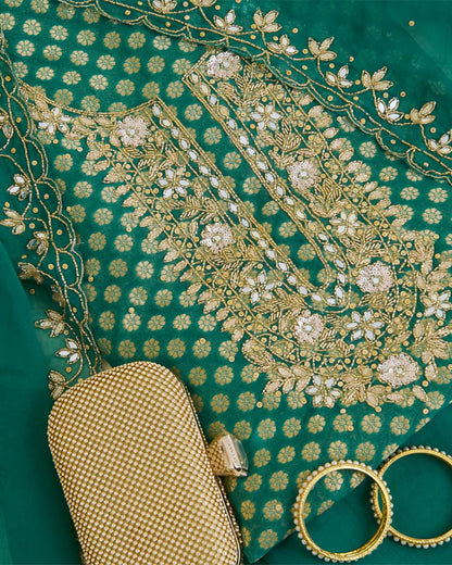 Bottle Green Viscose Georgette Kurta Set with Zardosi & Mirror Embroidery