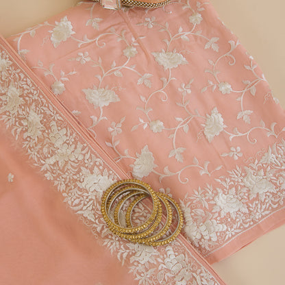 Coral Viscose Crepe Parsi Embroidered Kurta with Georgette Dupatta