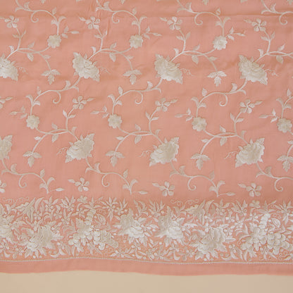 Coral Viscose Crepe Parsi Embroidered Kurta with Georgette Dupatta