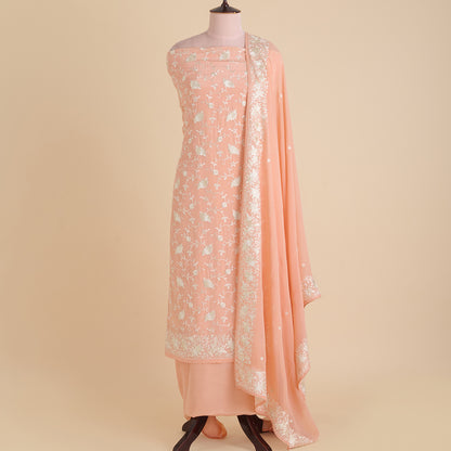 Coral Viscose Crepe Parsi Embroidered Kurta with Georgette Dupatta