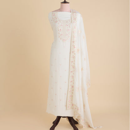 Cream Viscose Crepe Parsi Embroidered Kurta with Georgette Dupatta