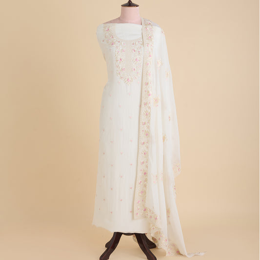 Cream Viscose Crepe Parsi Embroidered Kurta with Georgette Dupatta
