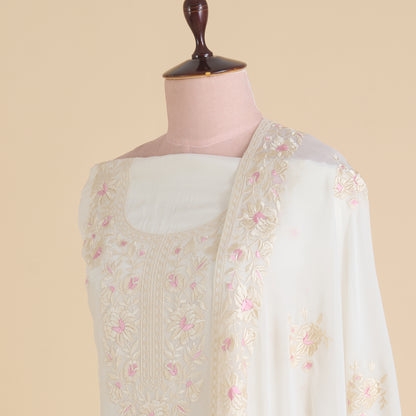 Cream Viscose Crepe Parsi Embroidered Kurta with Georgette Dupatta