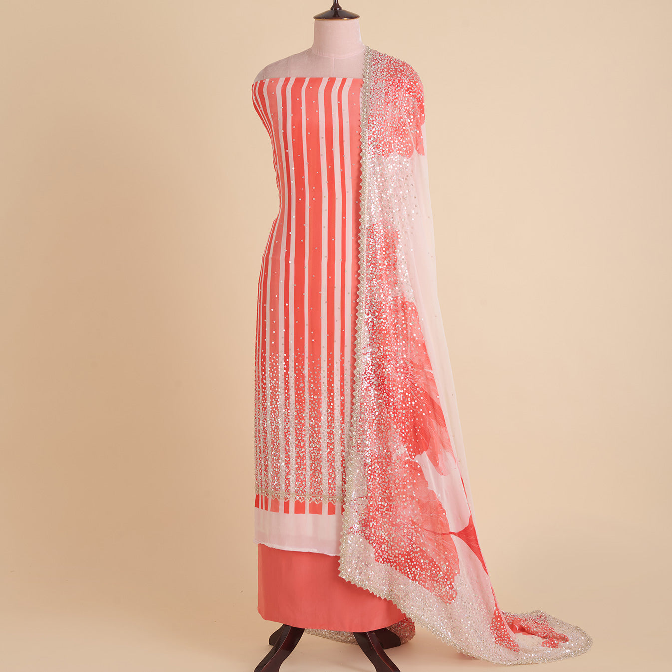 Cream Peach Viscose Crepe Printed Kurta Set with Embroidered Dupatta