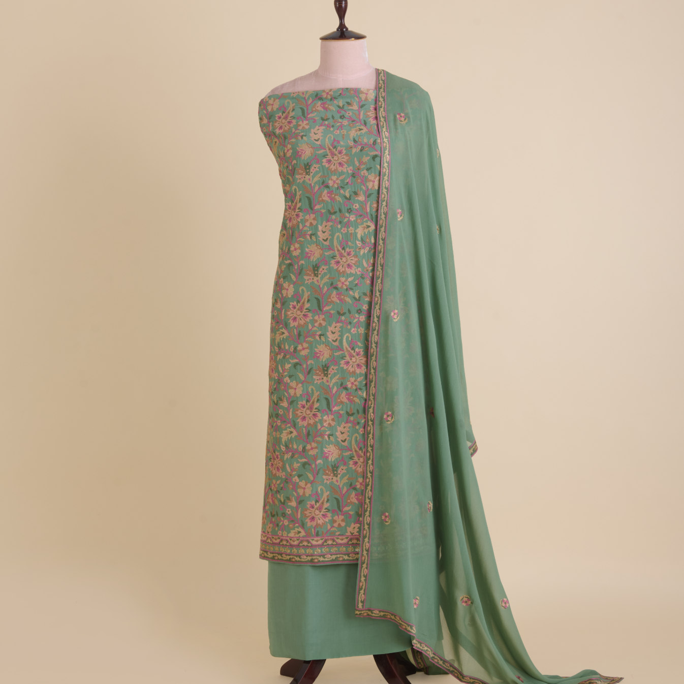 Dusty Green Viscose Crepe Cross-Stitch Embroidered Kurta Set