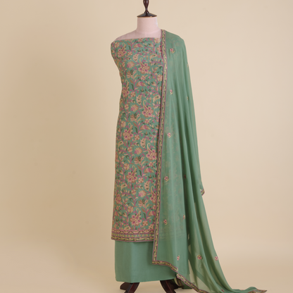 Dusty Green Viscose Crepe Cross-Stitch Embroidered Kurta Set