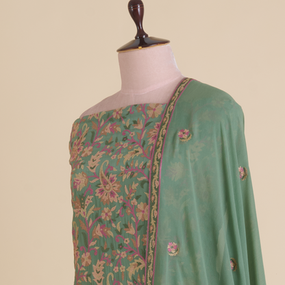 Dusty Green Viscose Crepe Cross-Stitch Embroidered Kurta Set