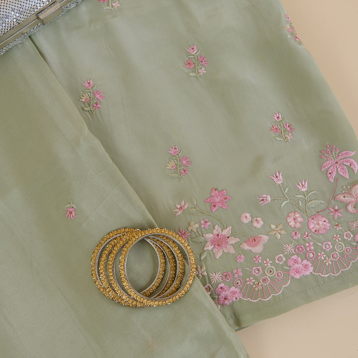 Dusty Green Viscose Crepe Thread Embroidered Kurta