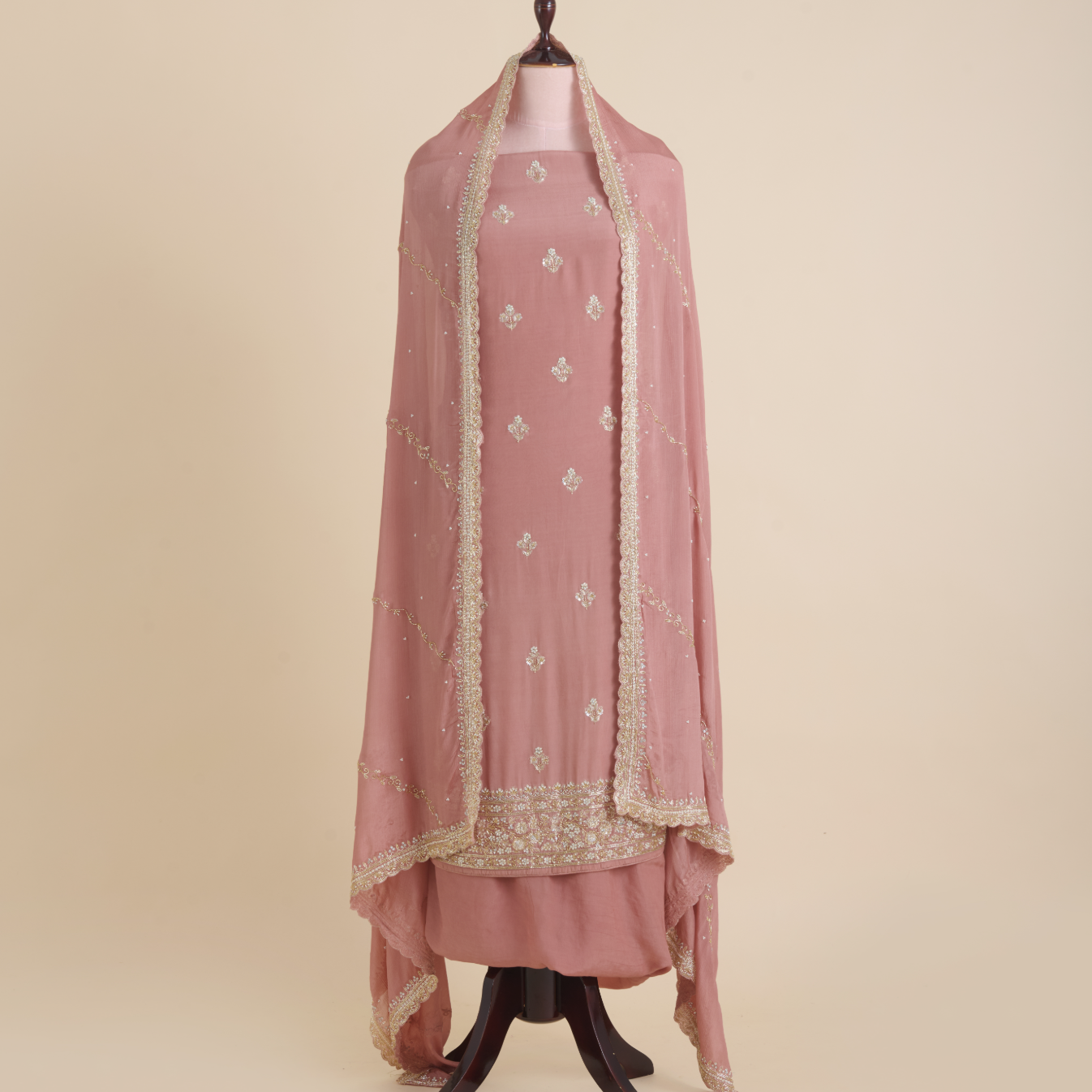 Dusty Peach Viscose Crepe Zardozi Embroidered Suit Set