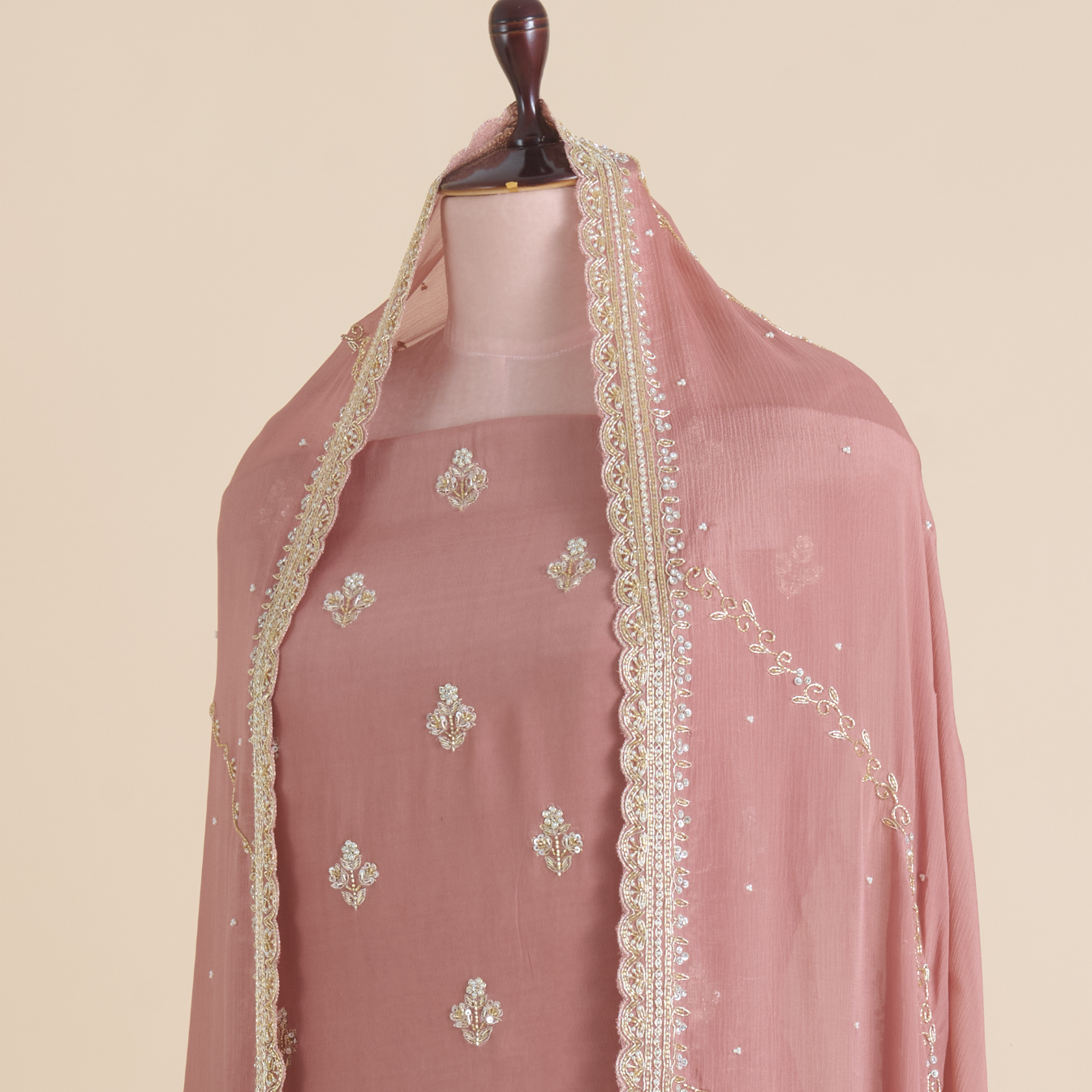 Dusty Peach Viscose Crepe Zardozi Embroidered Suit Set