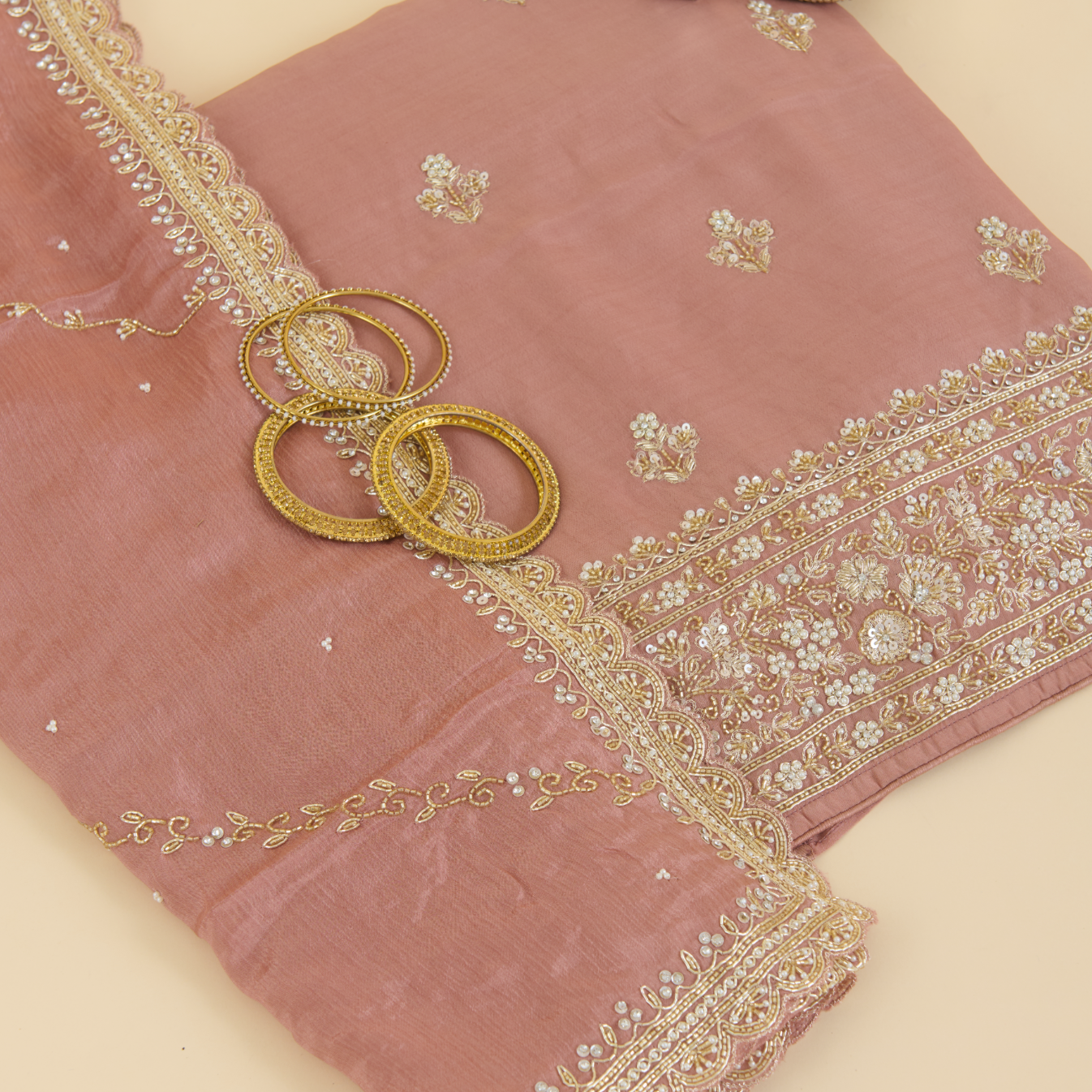 Dusty Peach Viscose Crepe Zardozi Embroidered Suit Set