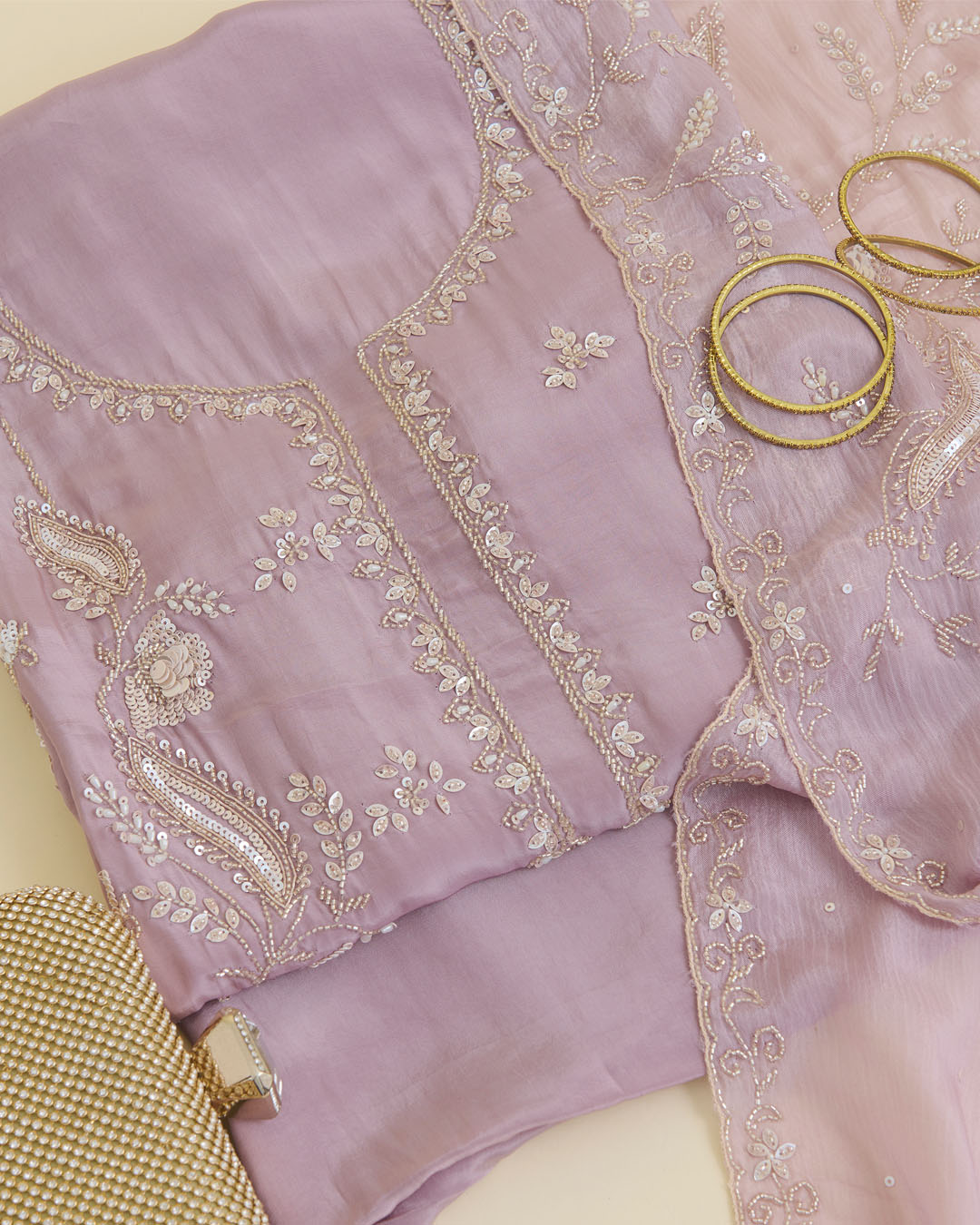 Dusty Mauve Viscose Crepe Kurta Set with Cutdana & Sequin Work
