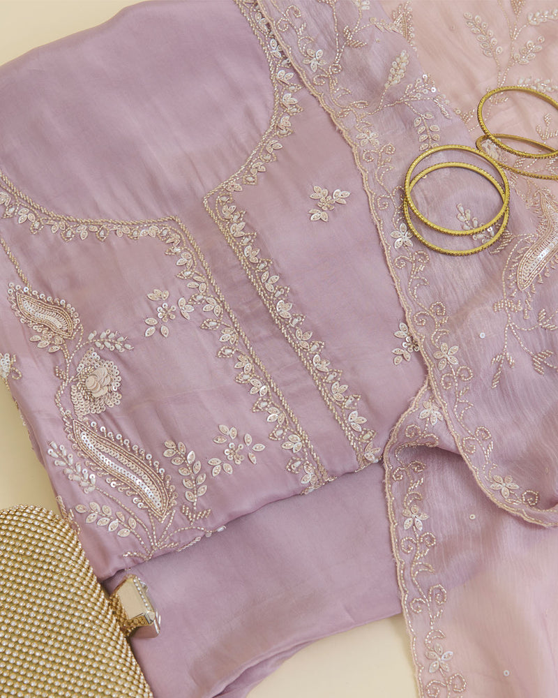 Dusty Mauve Viscose Crepe Kurta Set with Cutdana & Sequin Work