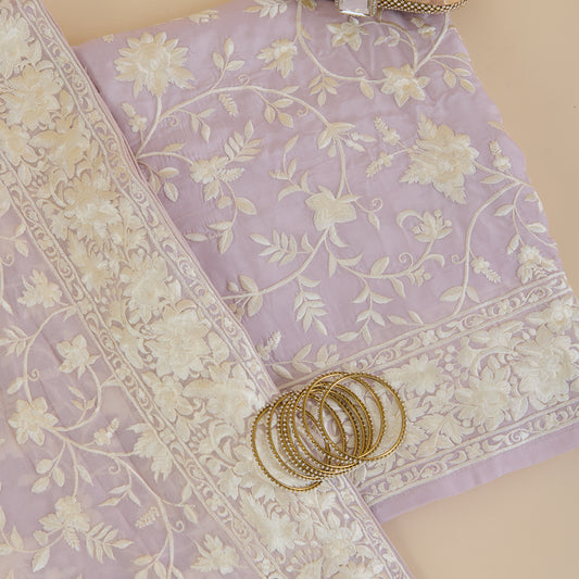 Lilac Viscose Crepe Parsi Jaal Embroidered Kurta with Dupatta