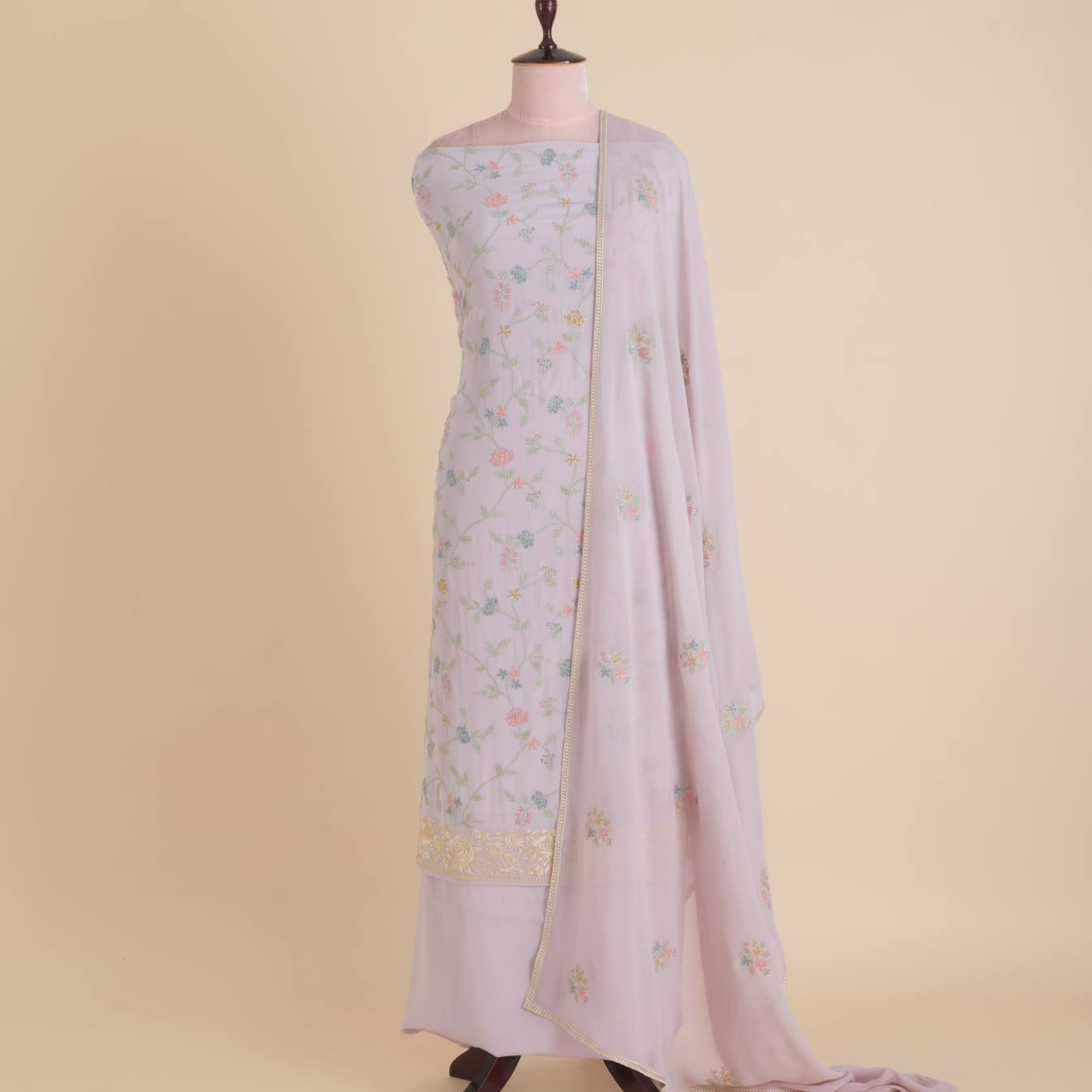 Misty Lilac Grey Viscose Crepe Parsi Embroidered Suit