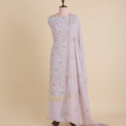 Misty Lilac Grey Viscose Crepe Parsi Embroidered Suit
