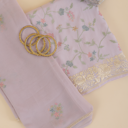 Misty Lilac Grey Viscose Crepe Parsi Embroidered Suit