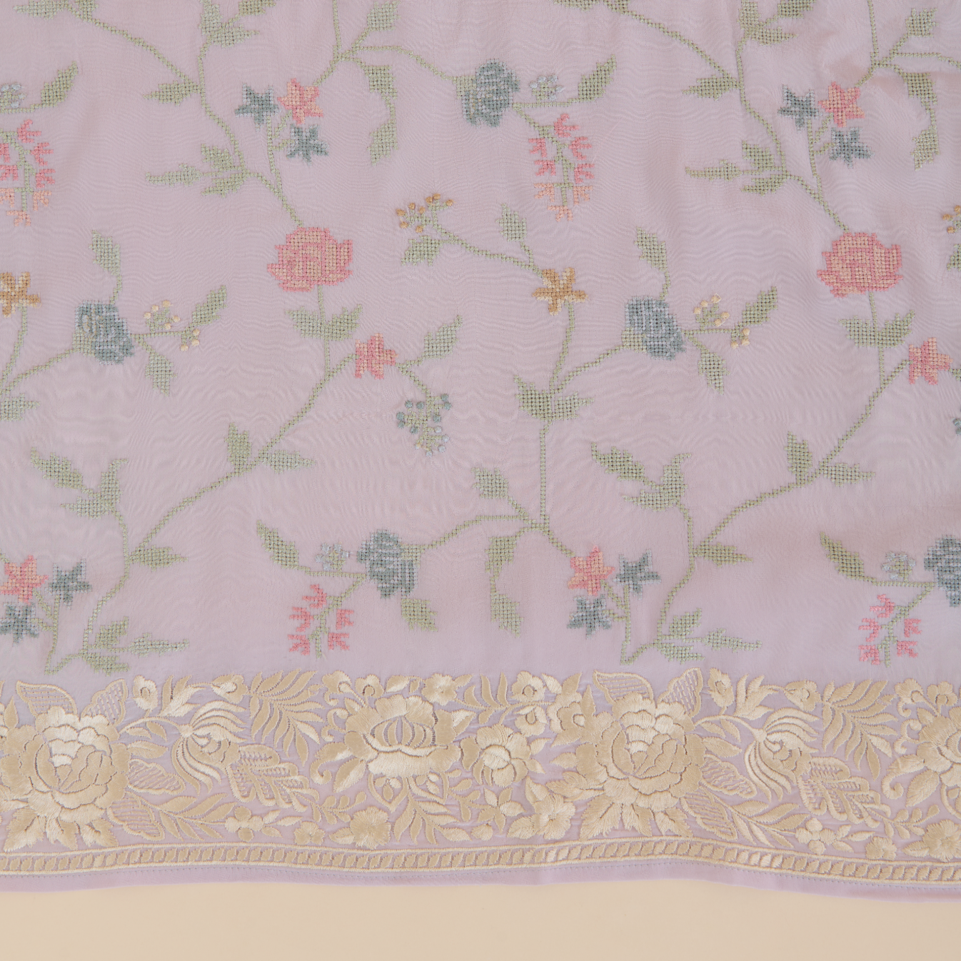 Misty Lilac Grey Viscose Crepe Parsi Embroidered Suit