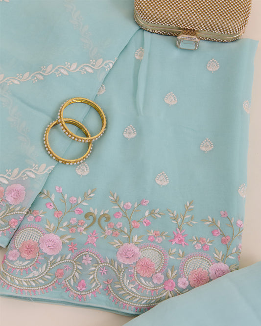Mint Green Viscose Georgette Suit with Resham Embroidery & Dupatta