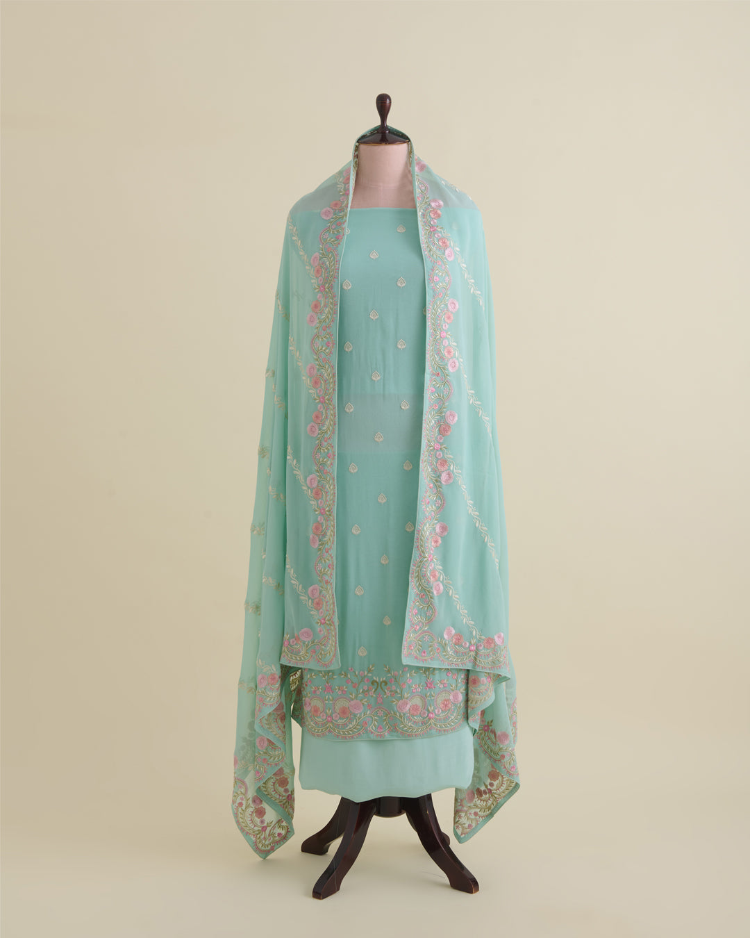 Mint Green Viscose Georgette Suit with Resham Embroidery & Dupatta