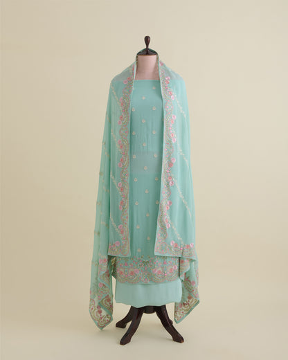 Mint Green Viscose Georgette Suit with Resham Embroidery & Dupatta